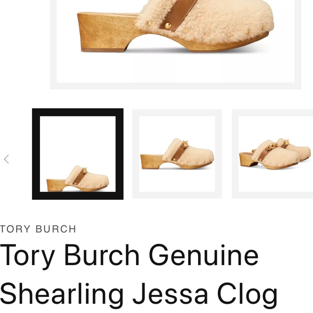 Tory Burch Shearling Clog in Cream and Tan with Gold Accent